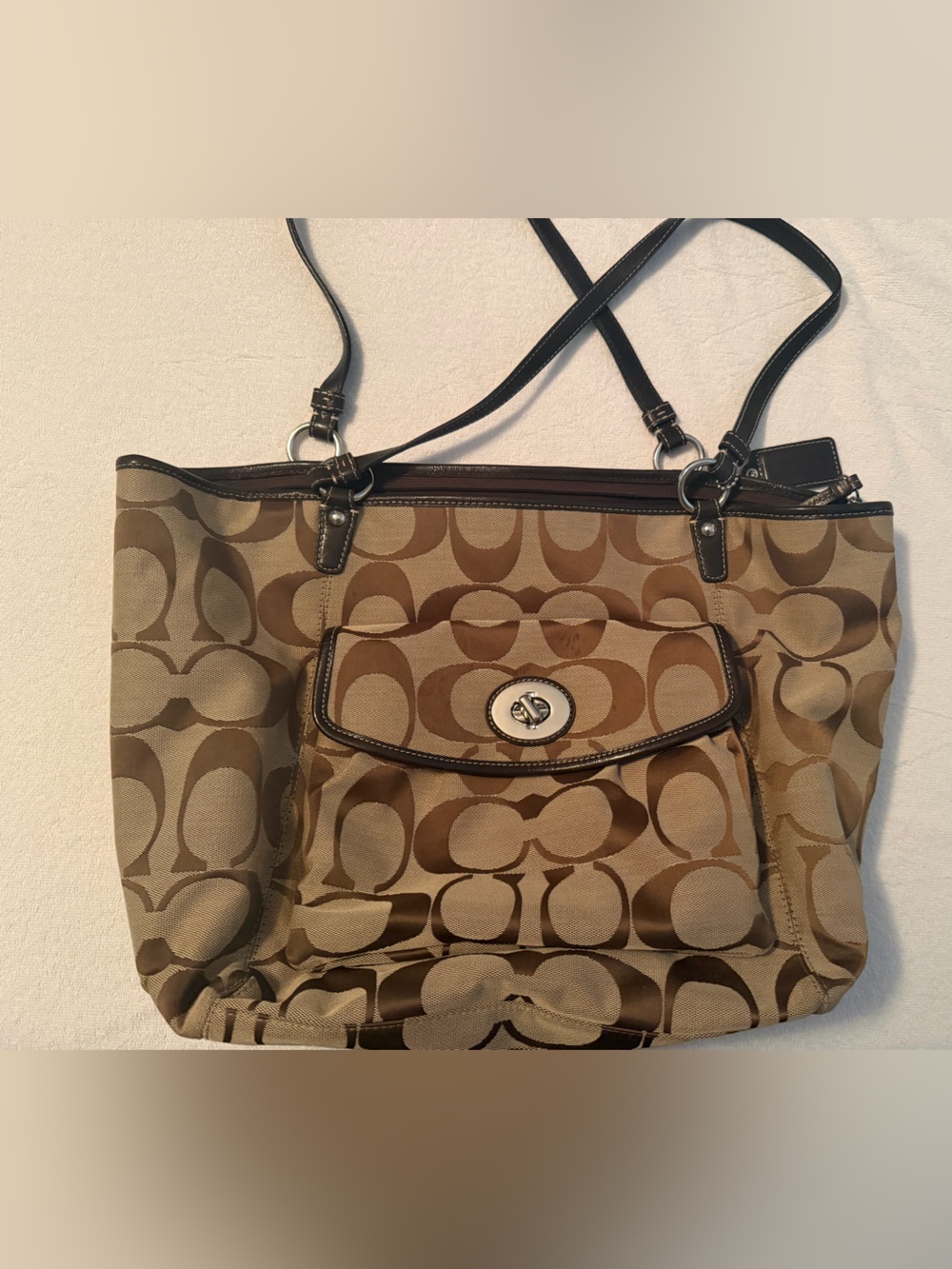 Coach Tan and Brown Signature Canvas Shoulder Bag